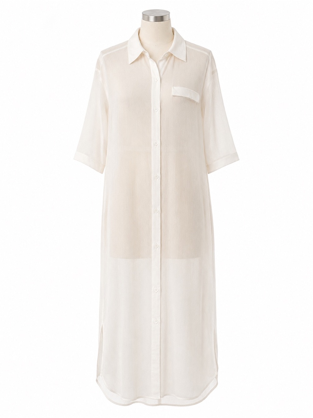 Sheer Long Button-Down Shirt Dress in Ivory